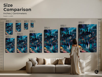 Size comparison of Angkor Wat artwork in inches and centimeters. The canvas print stands out above a sofa. Explore various sizes to suit different wall spaces. Choose the ideal scale. Deep blue and teal artwork enhances your living room decor.