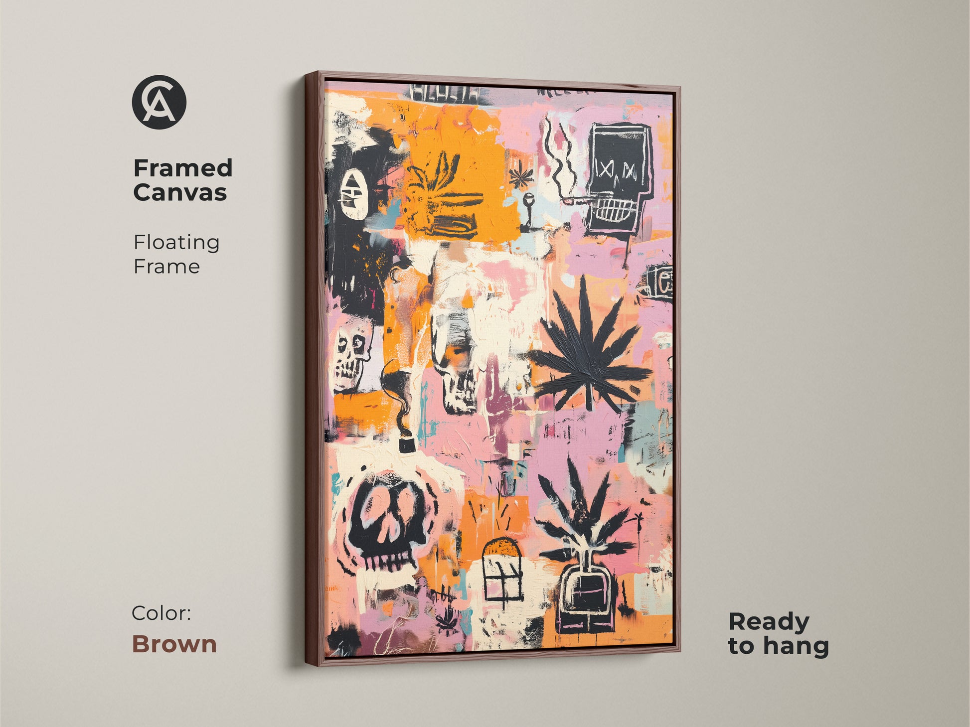 Framed canvas art in a brown floating frame. The artwork features skulls and cannabis leaves. Ready to hang. This graffiti-style art adds a modern touch. Perfect for art enthusiasts. Elevate your home decor with this unique framed print.