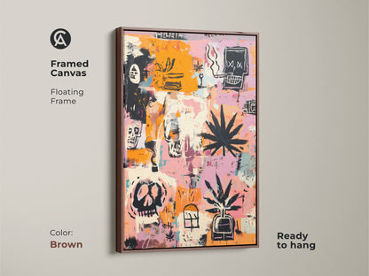 Framed canvas art in a brown floating frame. The artwork features skulls and cannabis leaves. Ready to hang. This graffiti-style art adds a modern touch. Perfect for art enthusiasts. Elevate your home decor with this unique framed print.