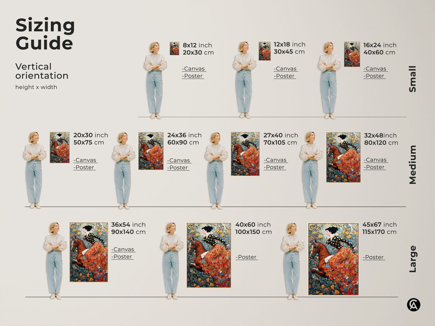 Sizing guide for the vertical woman on horse art print. Available as canvas or poster in sizes from 8x12 inch to 45x67 inch. Visualize how this boho floral horse print fits in your space. Find the perfect size for your bedroom decor or living room wall hanging.