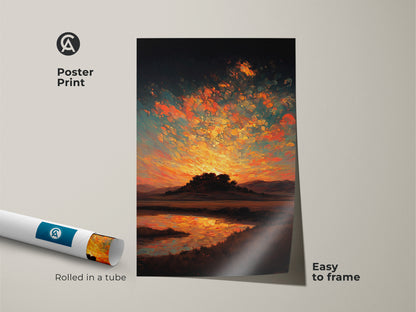 A poster print of an impressionistic landscape. This sunset hill and water artwork is easy to frame. Rolled in a tube. The print features orange yellow and teal nature decor.
