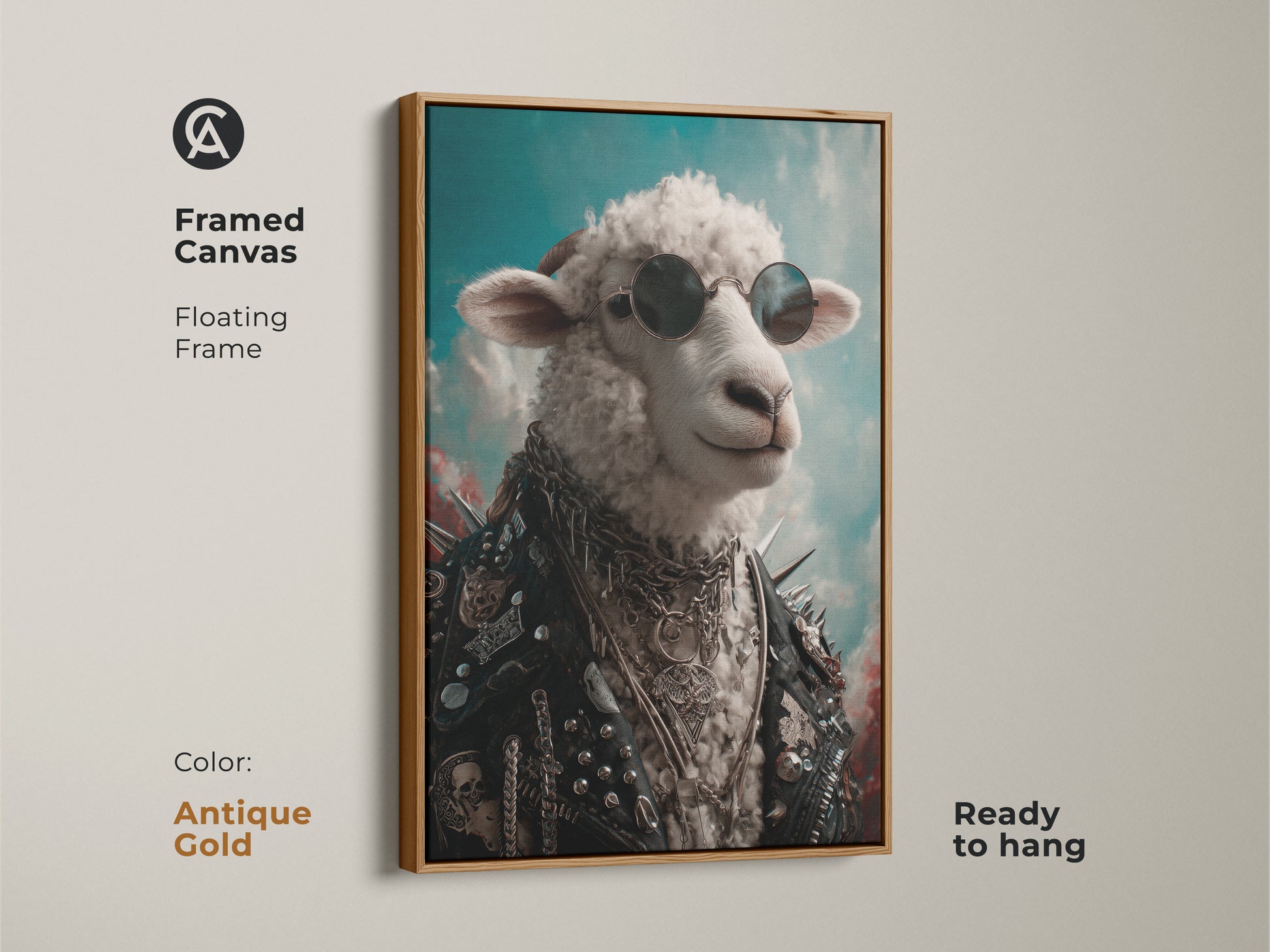 A framed canvas of punk rock sheep art with an antique gold floating frame. The sheep is wearing sunglasses and a leather jacket. It's ready to hang. This unique animal art is perfect for eclectic home decor. An edgy canvas art and rock music fan gift.