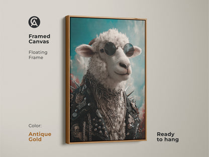 A framed canvas of punk rock sheep art with an antique gold floating frame. The sheep is wearing sunglasses and a leather jacket. It's ready to hang. This unique animal art is perfect for eclectic home decor. An edgy canvas art and rock music fan gift.