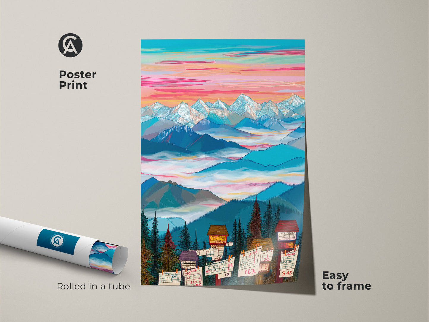 Poster print of a colorful mountain landscape with cabins. This modern folk art style piece is rolled in a tube for easy framing. The scenic view and illustrative details make it a unique wall hanging.