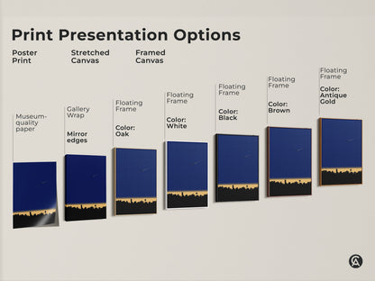 Explore print presentation options for minimalist cityscape art. Choose from poster prints stretched canvas or framed canvas. Each features museum-quality paper gallery wrap and floating frame options. Colors include white black and gold.