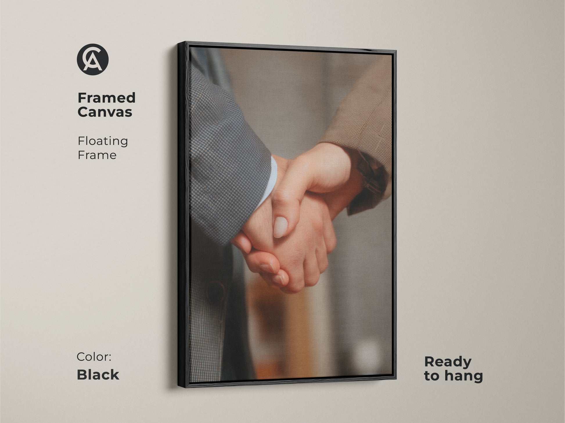 Framed canvas featuring a handshake artwork with a floating black frame. Ready to hang in an office. This business partnership art symbolizes corporate success. Modern office decor for professionals. A sophisticated gift idea for business partners. Enhances workplace.