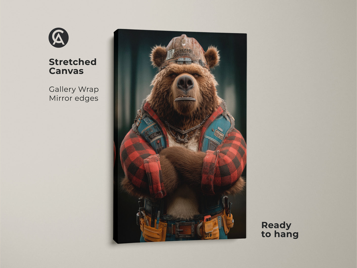 Stretched Canvas Industrial Bear Art Print. This is a digital artwork of a bear as a construction worker. The rustic artwork is perfect for a man cave or home office. This rugged bear wall art makes a statement as a unique animal print