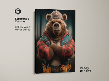 Stretched Canvas Industrial Bear Art Print. This is a digital artwork of a bear as a construction worker. The rustic artwork is perfect for a man cave or home office. This rugged bear wall art makes a statement as a unique animal print