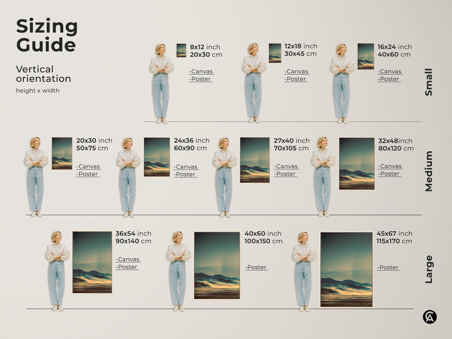 Vertical orientation sizing guide for canvas and poster prints. Sizes range from small to large. Includes dimensions in inches and centimeters. Visualize the artwork size with a model. Choose the perfect size for your misty mountain landscape art.