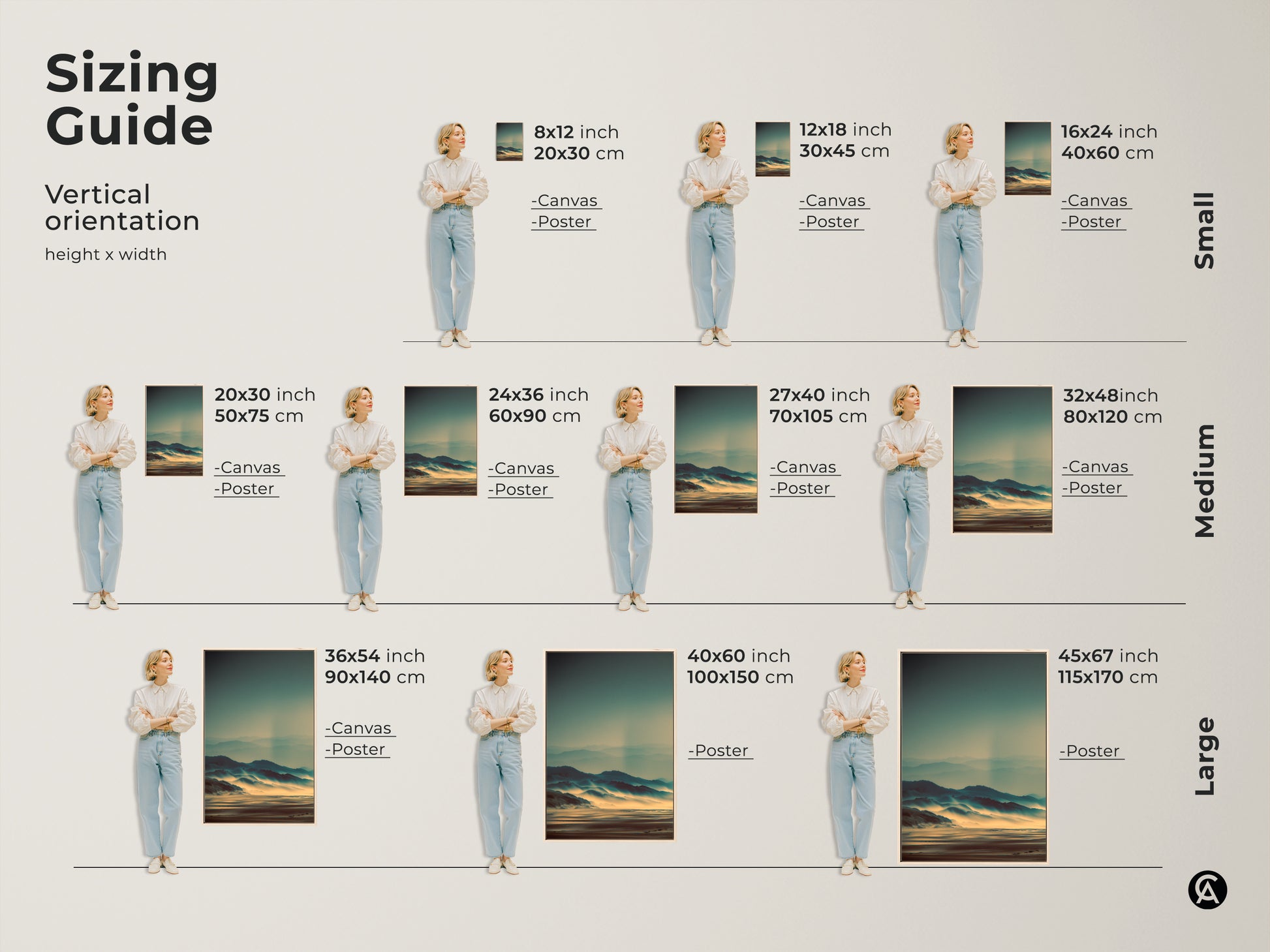 Vertical orientation sizing guide for canvas and poster prints. Sizes range from small to large. Includes dimensions in inches and centimeters. Visualize the artwork size with a model. Choose the perfect size for your misty mountain landscape art.