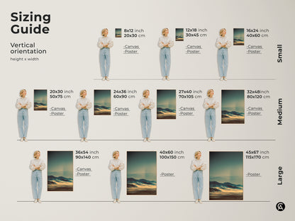 Vertical orientation sizing guide for canvas and poster prints. Sizes range from small to large. Includes dimensions in inches and centimeters. Visualize the artwork size with a model. Choose the perfect size for your misty mountain landscape art.
