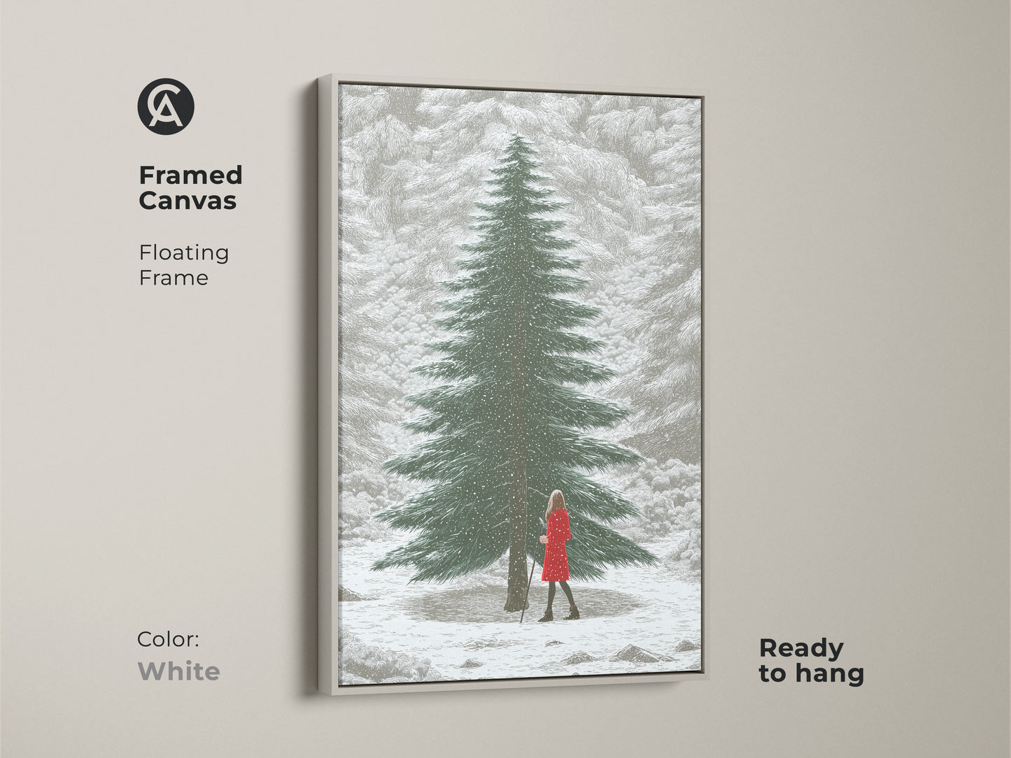 Framed canvas with a white floating frame featuring winter forest artwork. This snowy landscape print shows a woman in red. Ready to hang and perfect for Scandinavian-inspired decor.