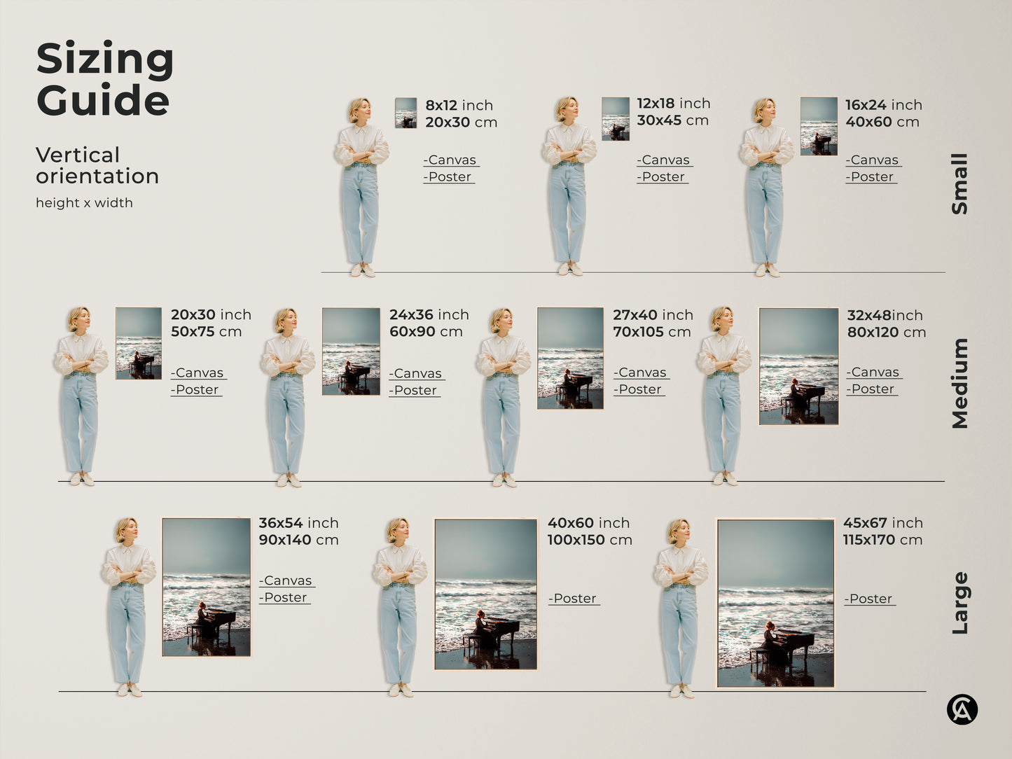 Sizing guide for vertical beach piano artwork. Options include canvas and poster prints. Available in sizes from 8x12 to 45x67 inches. Visualize the artwork in your space. Find the perfect fit for your home decor.