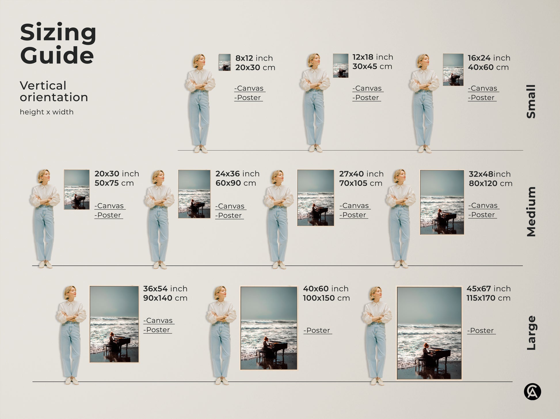 Sizing guide for vertical beach piano artwork. Options include canvas and poster prints. Available in sizes from 8x12 to 45x67 inches. Visualize the artwork in your space. Find the perfect fit for your home decor.