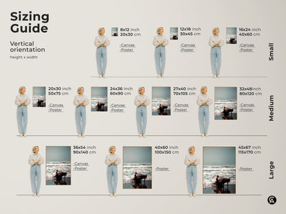Sizing guide for vertical beach piano artwork. Options include canvas and poster prints. Available in sizes from 8x12 to 45x67 inches. Visualize the artwork in your space. Find the perfect fit for your home decor.