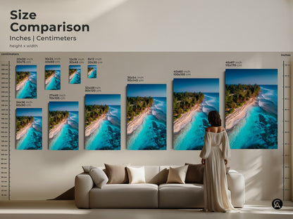 Size comparison of tropical beach artwork in inches and centimeters. See how canvas and poster prints look in different dimensions. Sizes range from 16x24 to 45x67 inches. Find the perfect size for your living room or office. Visualize the impact of each piece.
