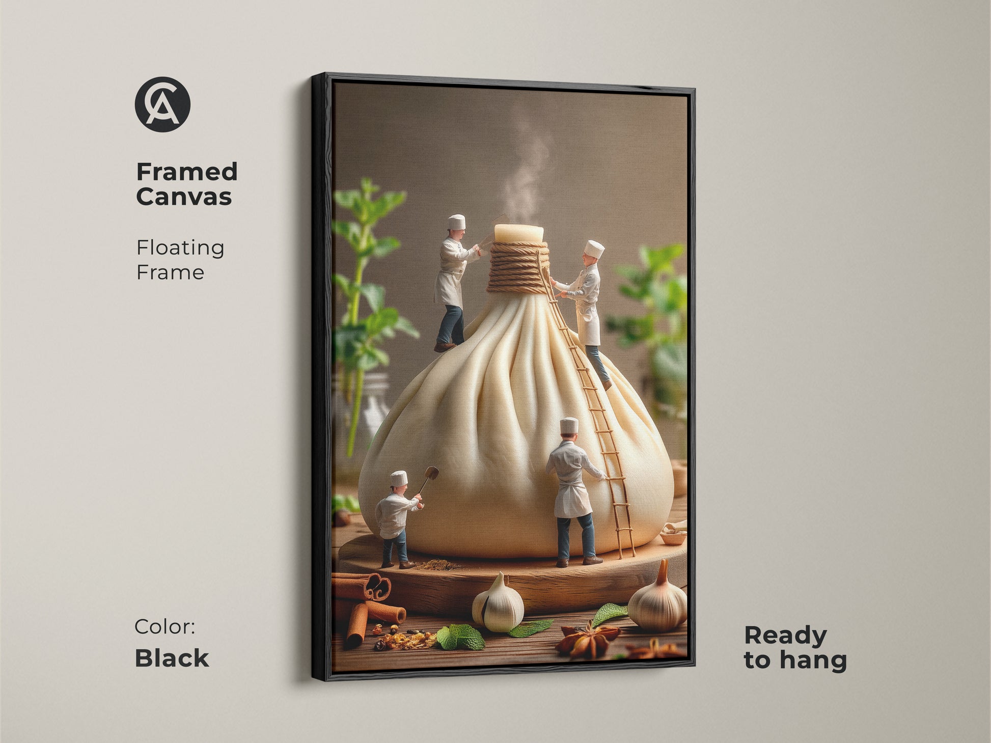 Framed canvas art featuring miniature chefs working on a giant dumpling. The floating frame in black enhances this food art print. Ready to hang this kitchen artwork brings a touch of culinary whimsy to your walls.