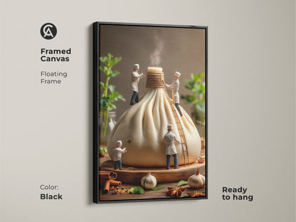 Framed canvas art featuring miniature chefs working on a giant dumpling. The floating frame in black enhances this food art print. Ready to hang this kitchen artwork brings a touch of culinary whimsy to your walls.