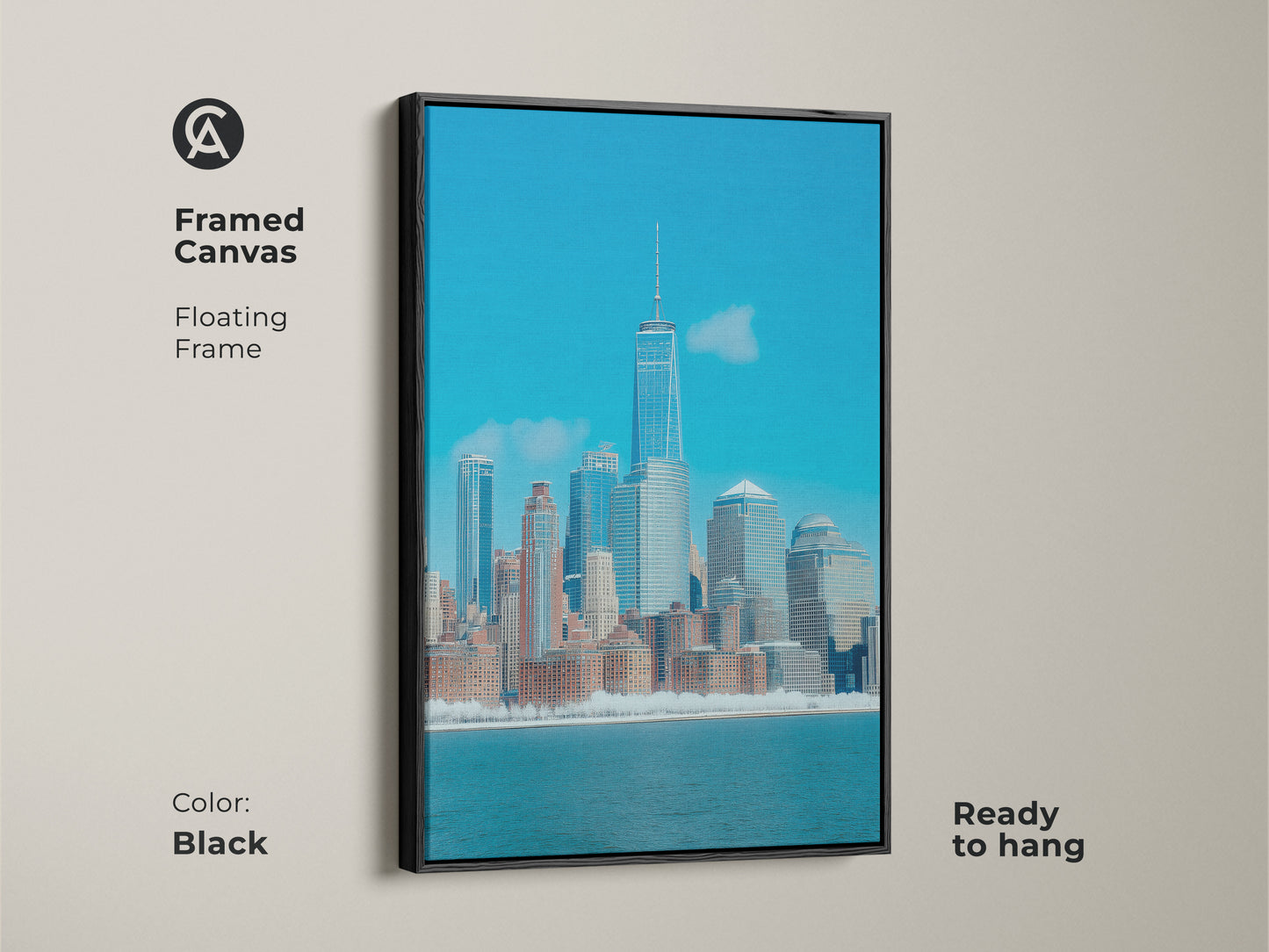 Framed canvas artwork featuring a modern NYC skyline in blue. This contemporary architecture print has a black floating frame. Ready to hang this piece adds a sophisticated urban view to any space.