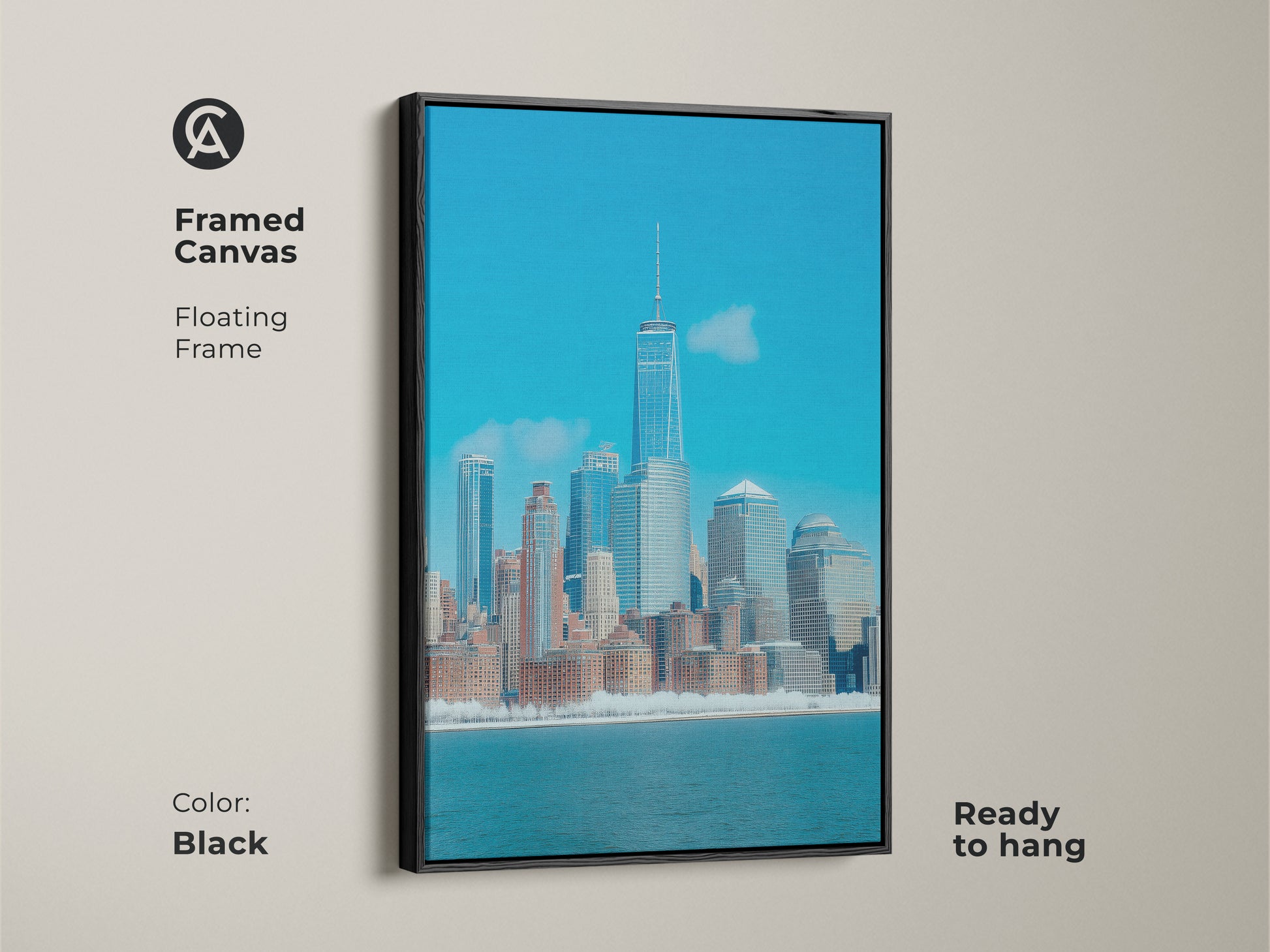 Framed canvas artwork featuring a modern NYC skyline in blue. This contemporary architecture print has a black floating frame. Ready to hang this piece adds a sophisticated urban view to any space.