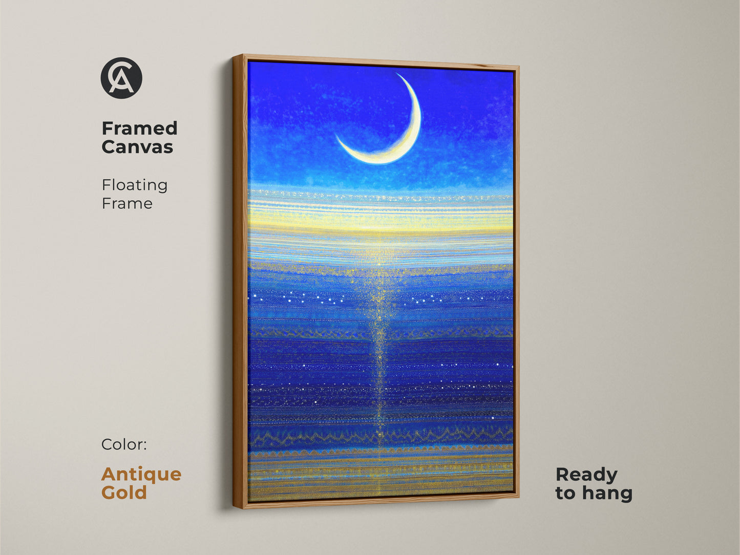 Framed celestial art in a brown floating frame ready to hang. This atmospheric wall art is in royal blue. It is a perfect piece for any room.