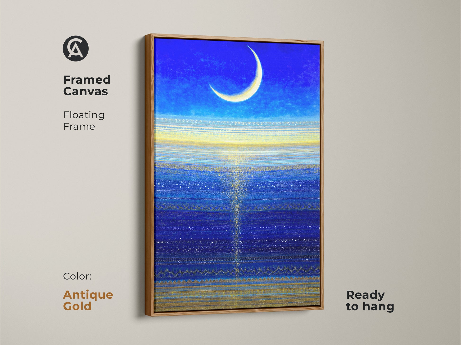 Framed celestial art in a brown floating frame ready to hang. This atmospheric wall art is in royal blue. It is a perfect piece for any room.