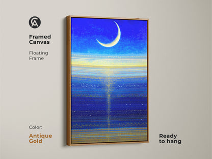 Framed celestial art in a brown floating frame ready to hang. This atmospheric wall art is in royal blue. It is a perfect piece for any room.