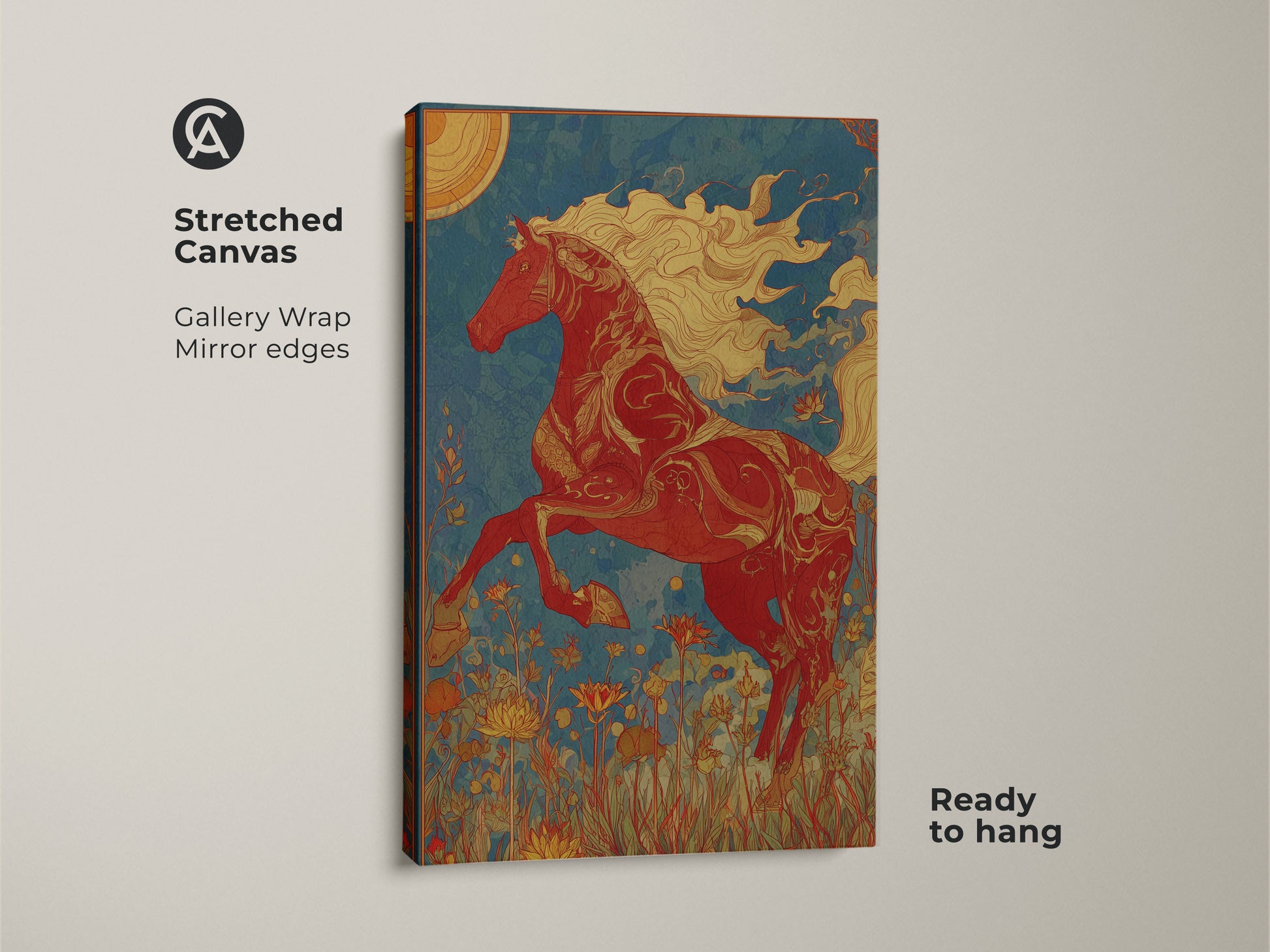 Stretched canvas print of a red horse in art nouveau style. Gallery wrapped with mirror edges. It's ready to hang equestrian canvas art. The teal blue and sun motif make it an eclectic home decor piece.