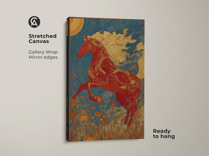 Stretched canvas print of a red horse in art nouveau style. Gallery wrapped with mirror edges. It's ready to hang equestrian canvas art. The teal blue and sun motif make it an eclectic home decor piece.