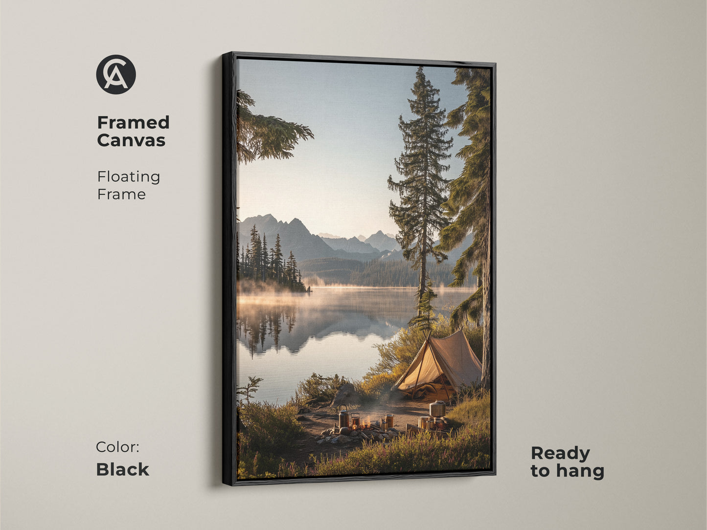 Framed canvas in black featuring mountain lake camping art. The floating frame enhances this outdoor adventure wall decor. It showcases a rustic tent canvas print. Ready to hang this nature landscape adds a cozy cabin art feel. This serene lake view print is a perfect housewarming gift.