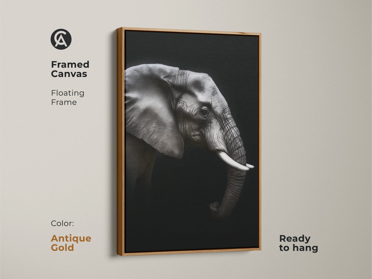 Framed monochrome elephant canvas in an antique gold floating frame. Ready to hang black and white wildlife artwork adds a contemporary touch. Ideal animal portrait canvas for modern office wall art. This elegant animal print is a perfect gift for wildlife enthusiasts.