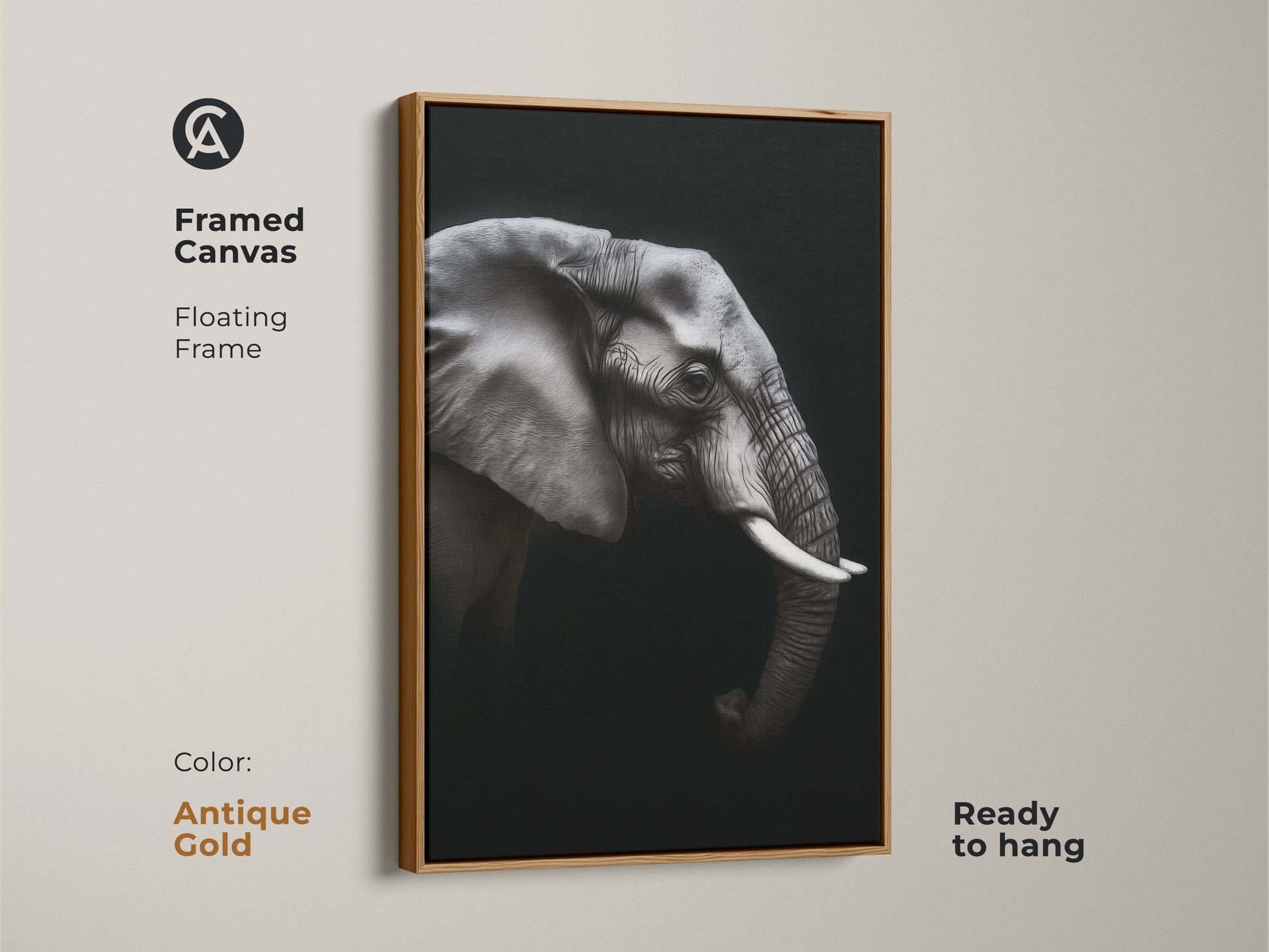 Framed monochrome elephant canvas in an antique gold floating frame. Ready to hang black and white wildlife artwork adds a contemporary touch. Ideal animal portrait canvas for modern office wall art. This elegant animal print is a perfect gift for wildlife enthusiasts.