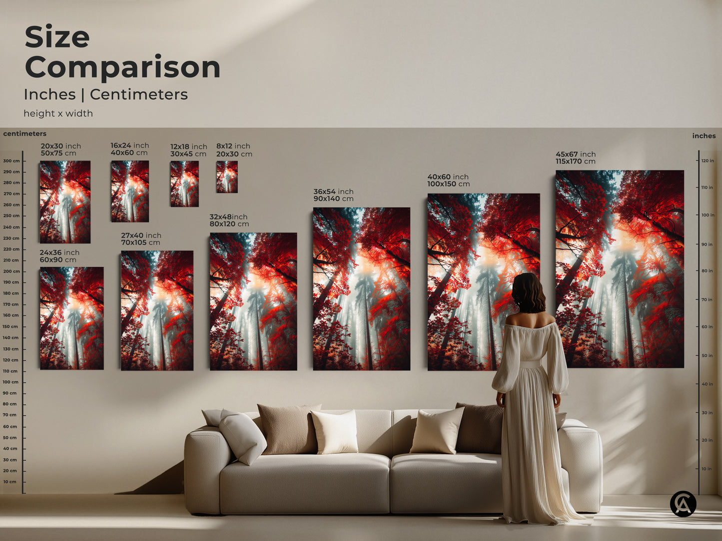 Size comparison of forest art prints. Visualize how different sizes fit in your space. Options range from small 8x12 inch to large 45x67 inch prints. Choose the ideal size to enhance your home decor with stunning forest artwork.