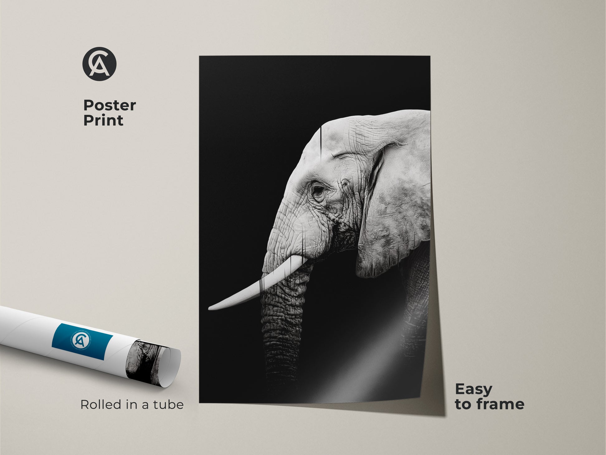 Poster print featuring a monochrome elephant. The artwork is rolled in a tube and easy to frame. It's a modern piece of wildlife art that suits any room animal lover gift canvas.