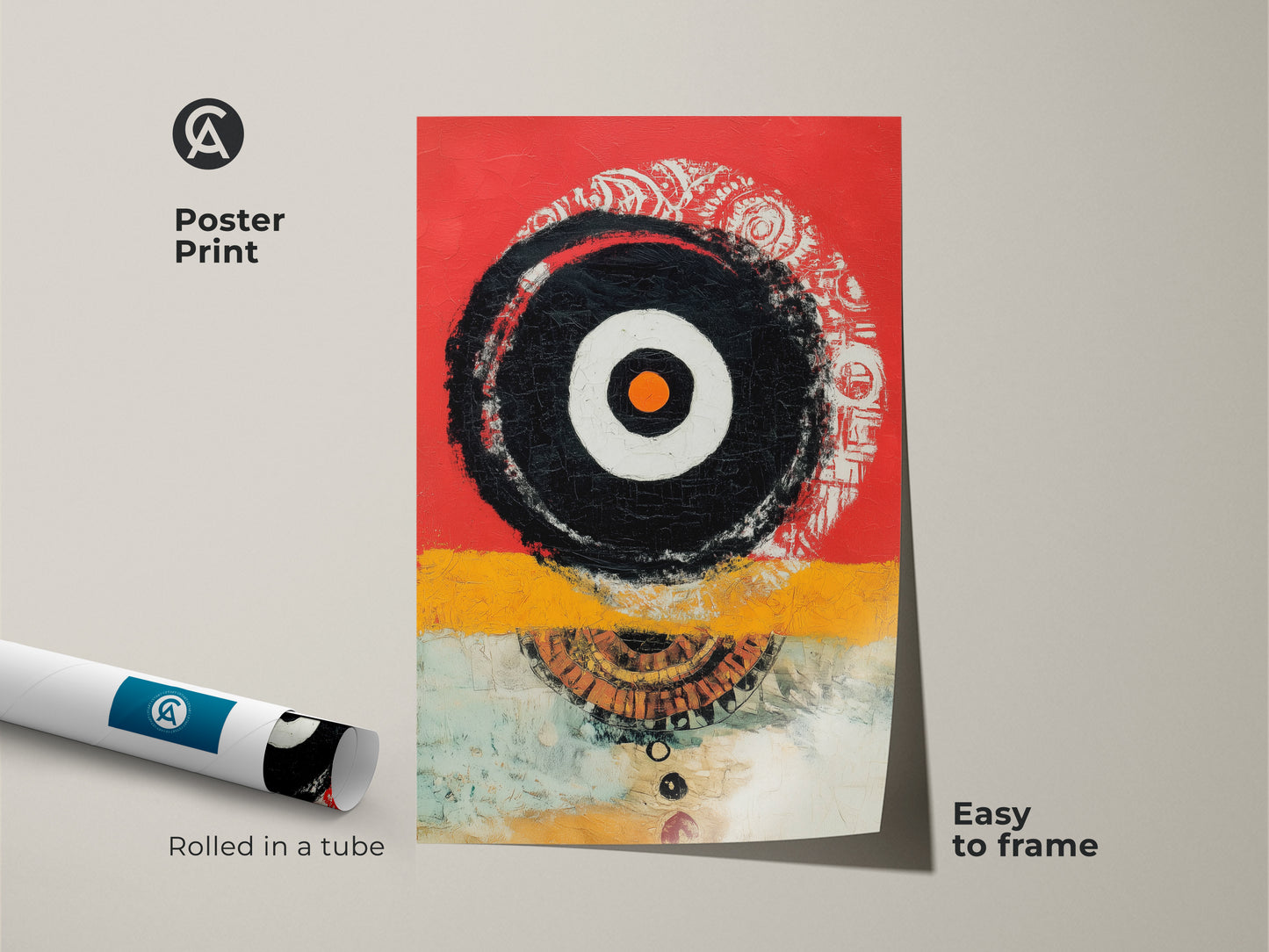 Museum-quality poster print of abstract geometric artwork. Its rolled in a tube for easy framing. The red yellow and black colors make a bold statement. It adds an eclectic touch to any room. This contemporary print is ideal for a study or creative space. A great art gift.