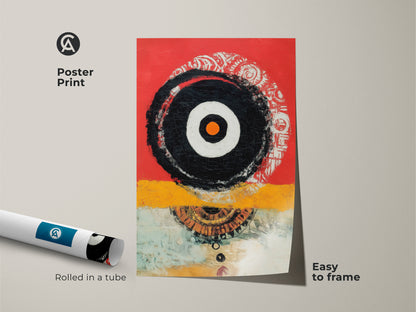 Museum-quality poster print of abstract geometric artwork. Its rolled in a tube for easy framing. The red yellow and black colors make a bold statement. It adds an eclectic touch to any room. This contemporary print is ideal for a study or creative space. A great art gift.
