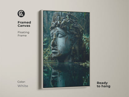 White framed canvas featuring surrealist sculpture art. The mythology head wall art has deep blues grays and greens. Ready to hang dark academia canvas print with a floating frame. It's a great housewarming gift.
