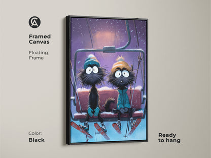 A framed canvas presents a funny cat ski lift scene. Ready to hang this winter animal wall decor is ideal for a cat lover. The black floating frame accentuates this eclectic home decor art. The cartoon animal wall hanging is great for any room. Consider it for a unique cat themed gift.