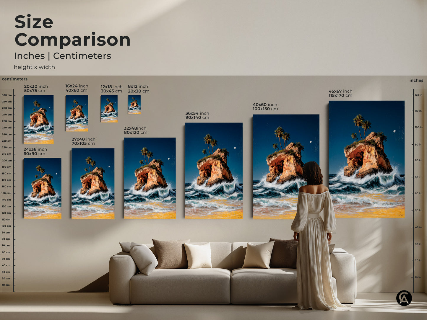Size comparison of ocean waves artwork in inches and centimeters. See how different sizes fit above a couch. Choose the perfect size for your canvas or poster print. Featuring a coastal island and palm trees this seascape painting enhances any space. Ideal for adding a beach theme to your home decor.