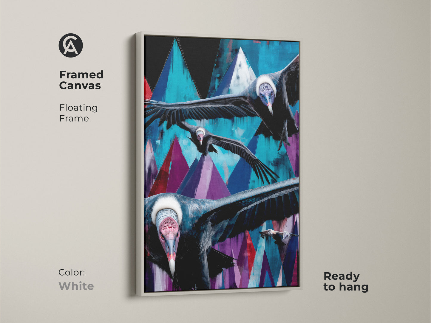 Framed canvas showcasing abstract vultures in flight. A white floating frame accents the teal blue and purple geometric mountains. This unique wall hanging is ready to hang. This is a great bird watcher gift.