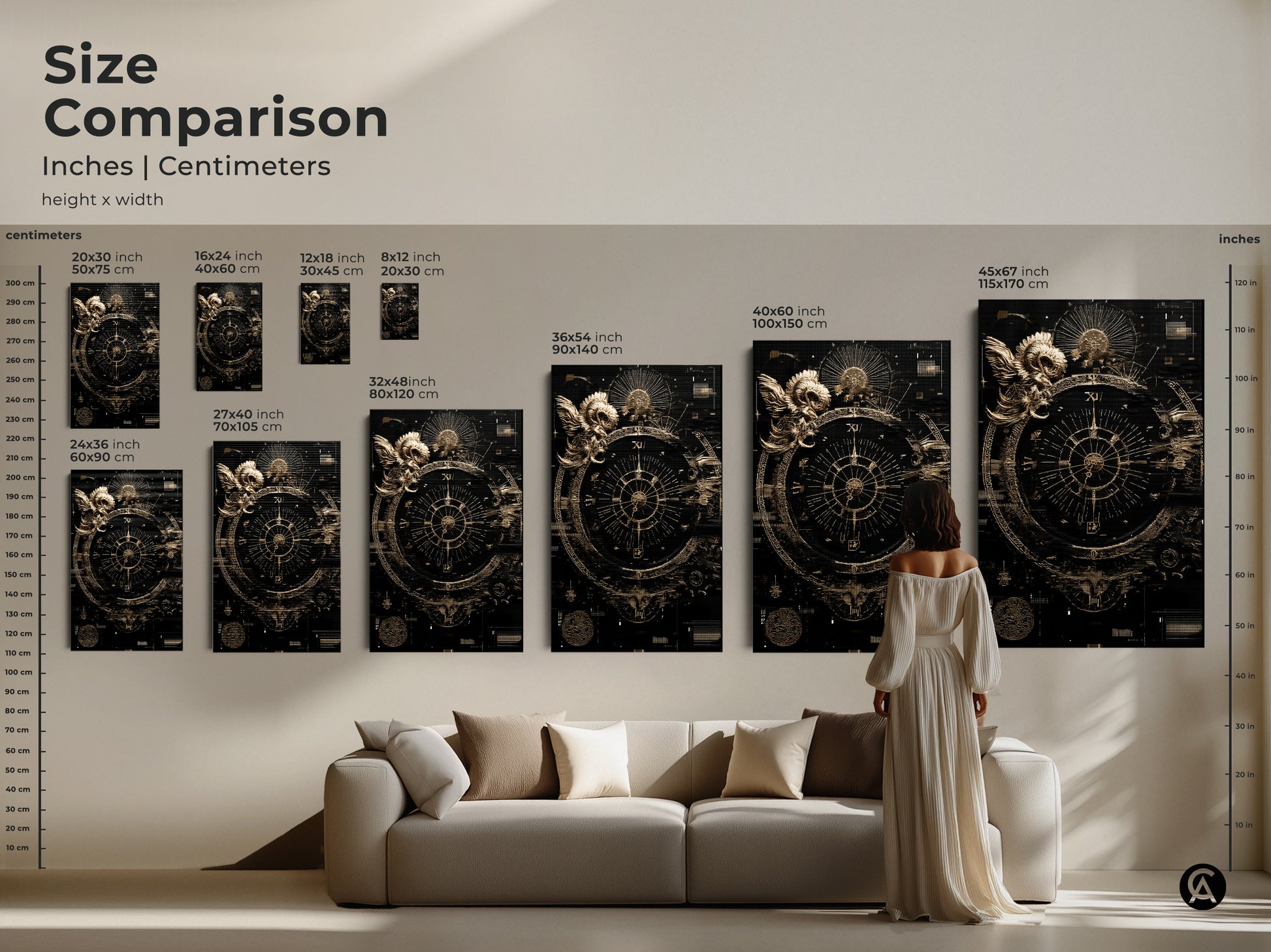 Size Comparison featuring the Ram Compass Abstract artwork. This print is available in various sizes. Select the ideal black gold Esoteric Steampunk Astrology themed canvas for your home decor.