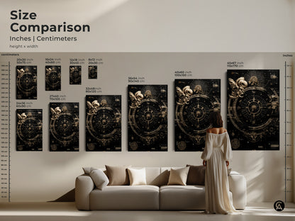 Size Comparison featuring the Ram Compass Abstract artwork. This print is available in various sizes. Select the ideal black gold Esoteric Steampunk Astrology themed canvas for your home decor.