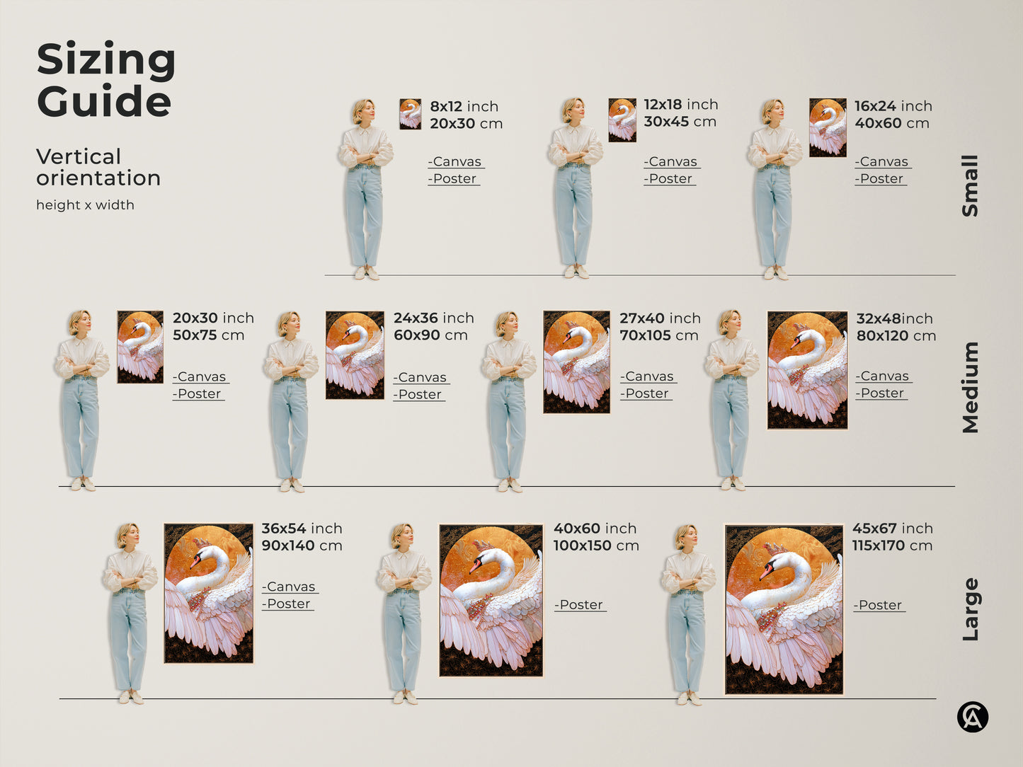 Sizing guide for vertical crowned swan artwork. Available in small medium & large sizes. Visualize the perfect fit for your space. The canvas & poster options will enhance your home decor. Find the ideal dimensions for this ornate bird canvas print.