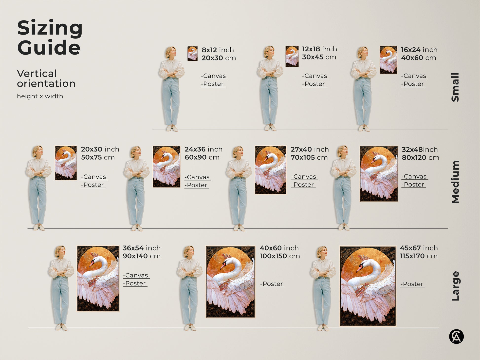 Sizing guide for vertical crowned swan artwork. Available in small medium & large sizes. Visualize the perfect fit for your space. The canvas & poster options will enhance your home decor. Find the ideal dimensions for this ornate bird canvas print.