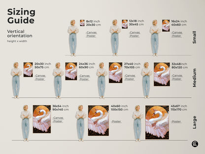 Sizing guide for vertical crowned swan artwork. Available in small medium & large sizes. Visualize the perfect fit for your space. The canvas & poster options will enhance your home decor. Find the ideal dimensions for this ornate bird canvas print.