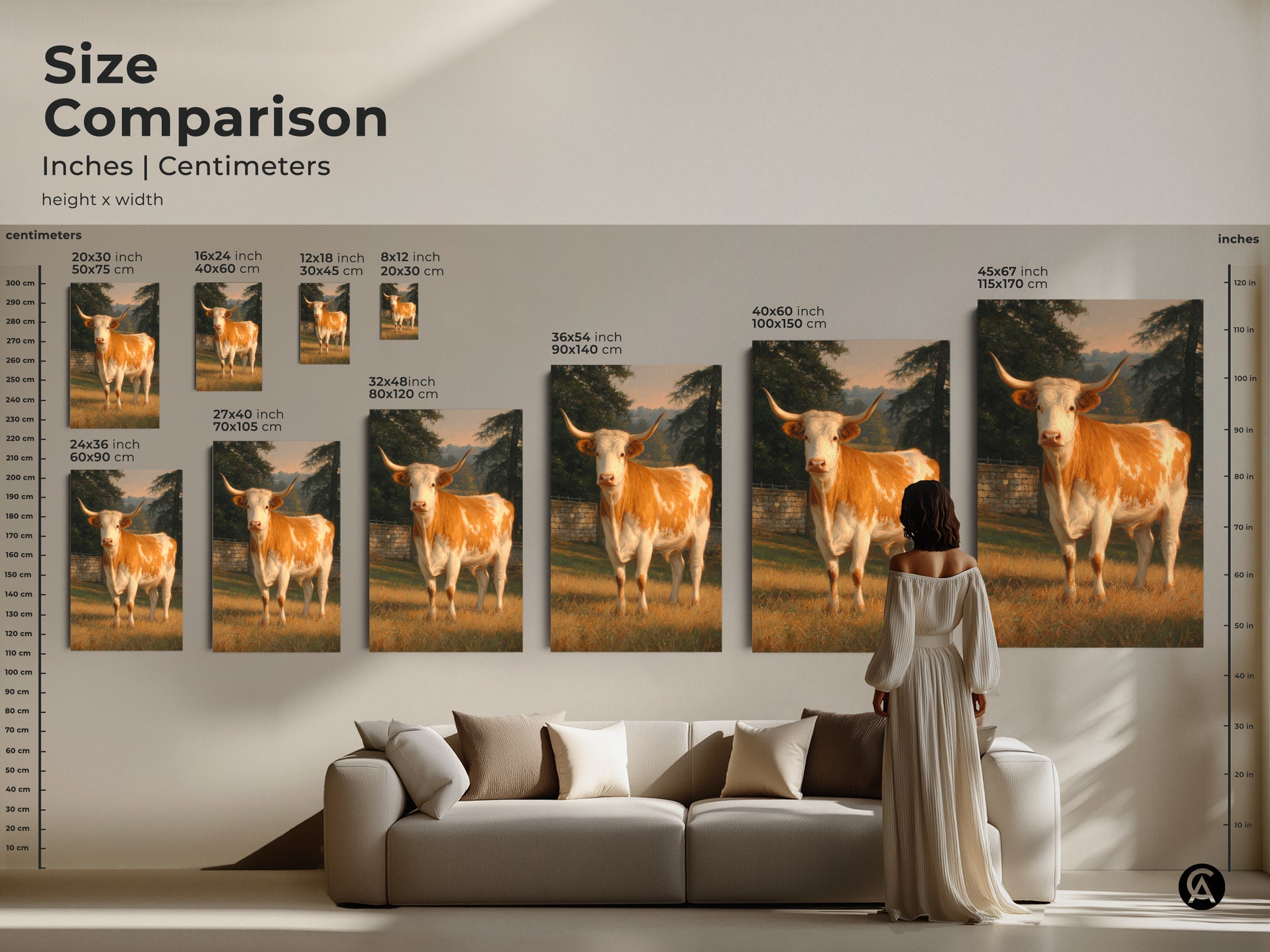 Size comparison of longhorn cow art prints in inches and centimeters. Visualize various sizes to find the perfect fit. See how the artwork complements different spaces. Transform your home with stunning animal art that suits your decor. Elevate your interior with art.
