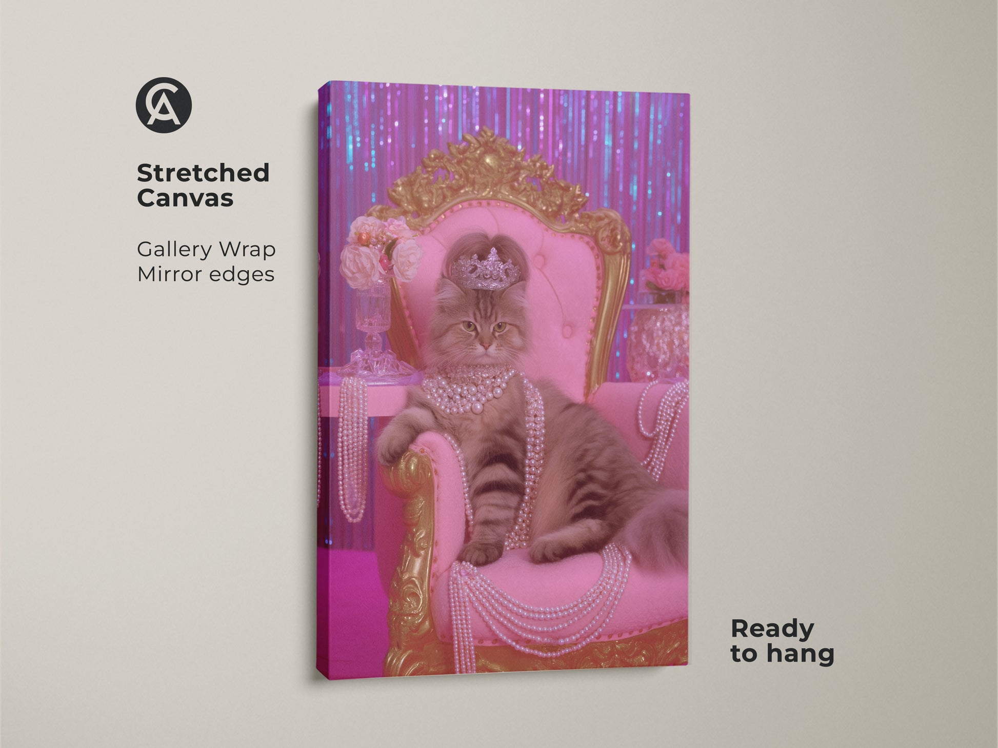 Stretched canvas print of a crowned cat seated on a pink throne. The gallery wrap features mirror edges. This glam cat wall art is ready to hang. It is ideal for luxury cat decor. The pink gold animal art makes a unique cat mom birthday gift. Enhance your eclectic bedroom with this royal feline artwork.
