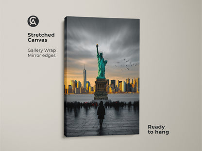 This gallery wrapped canvas art shows the Statue of Liberty and NYC skyline. The canvas has mirror edges and comes ready to hang. The image features a person viewing the statue. Get this stretched canvas to add a touch of New York to any room.
