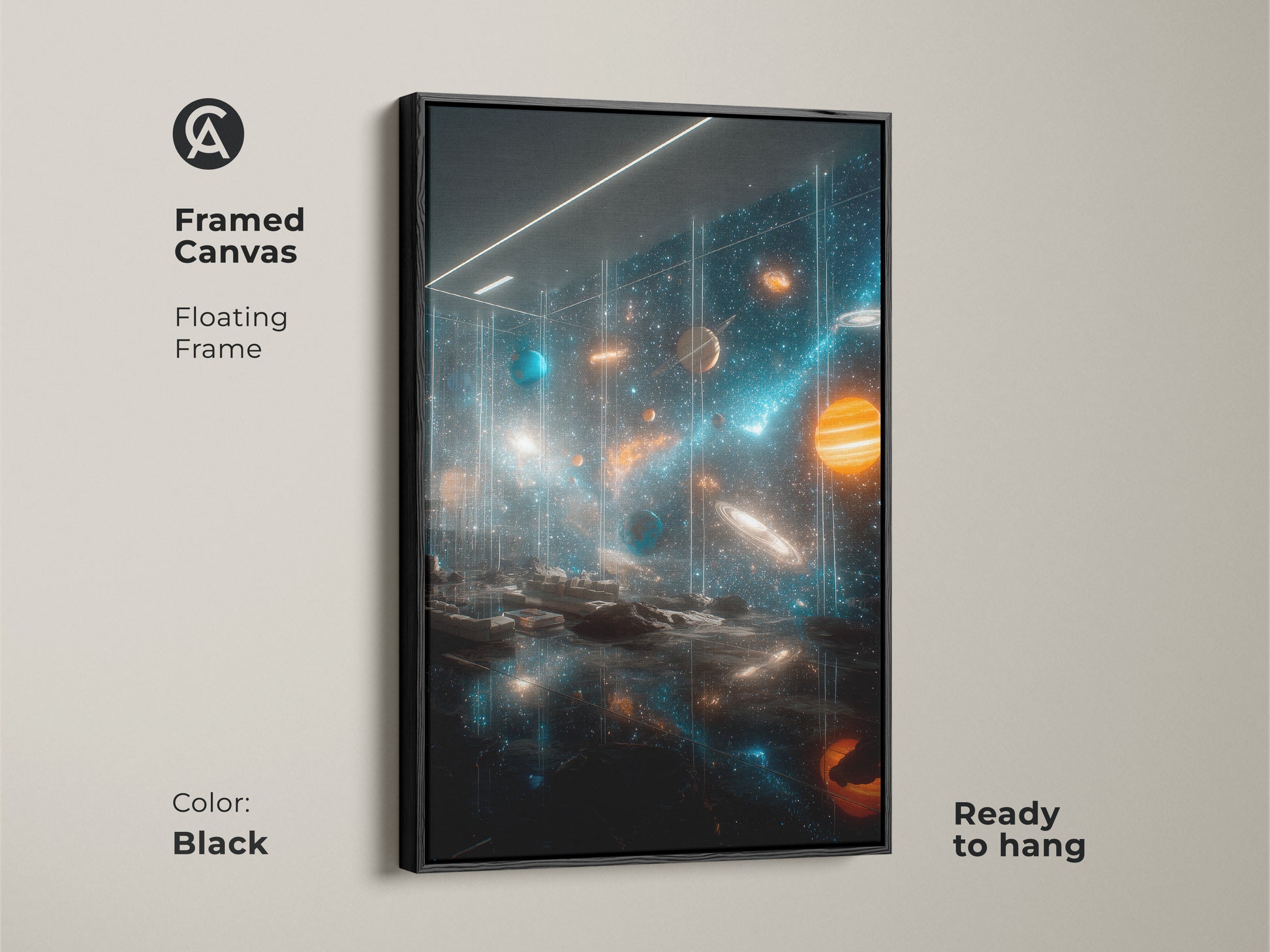 Black framed canvas print of space art. The artwork features a vibrant solar system with planets stars and cosmic dust. The floating frame adds a touch of elegance. This canvas is ready to hang and perfect for space enthusiasts.
