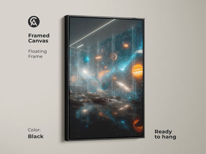 Black framed canvas print of space art. The artwork features a vibrant solar system with planets stars and cosmic dust. The floating frame adds a touch of elegance. This canvas is ready to hang and perfect for space enthusiasts.